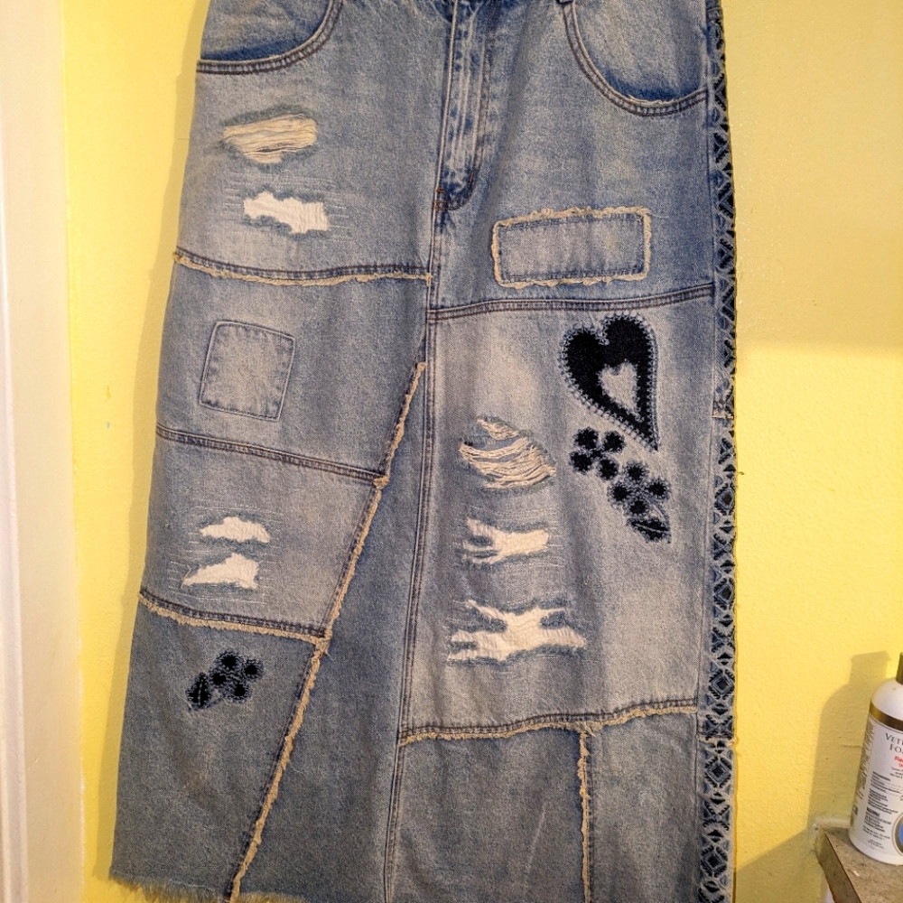 We The Free Maxed Out Patchwork Distressed Denim Skirt Missing Corded Belt